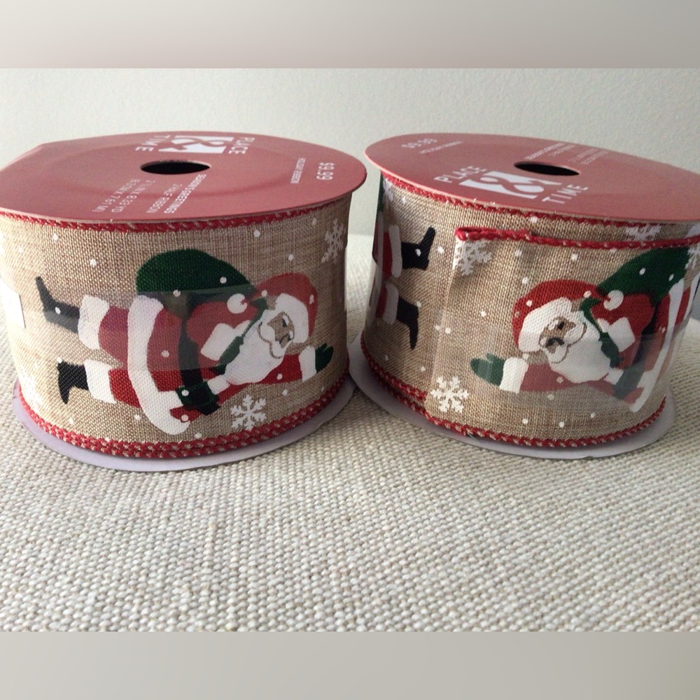 2 Rolls Christmas Santa on Tan Burlap Wired Ribbon Rolls